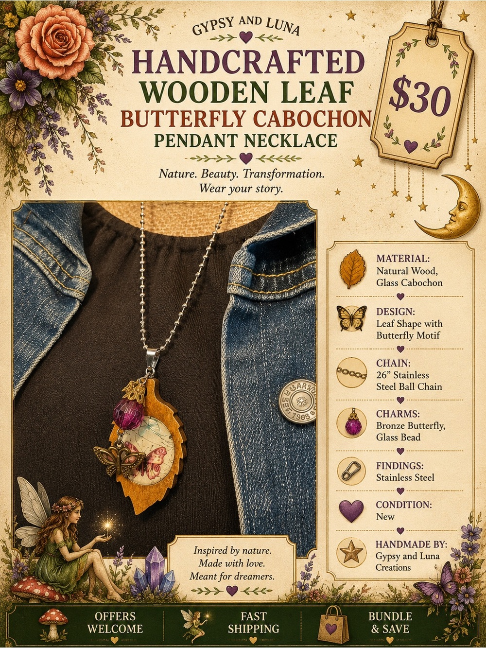 Handcrafted Butterfly Leaf Wood Pendant Necklace Stainless Chain
